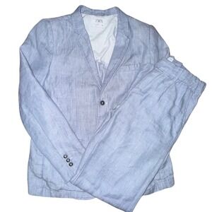 Zara Suit Set Kids Size 11/12 Blue Linen Blend Blazer Trousers Formal Wedding
